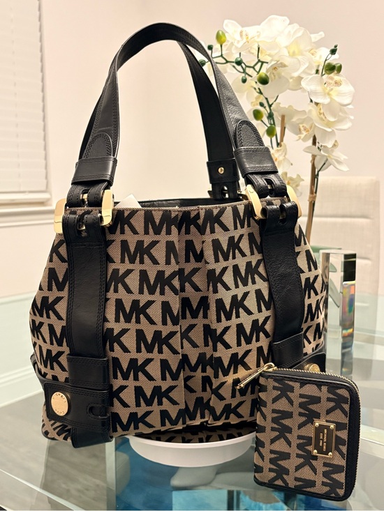 Michael Kors Handbags - Michael Kors Black & Brown MK Logo Shoulder Bag & Matching Wallet